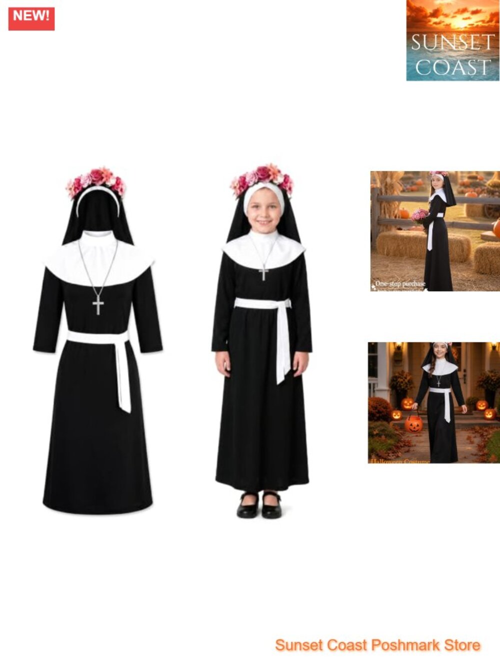 Girls Nun Costume Set Knitted Fabric Dress Cross Necklace Rose Wreath Halloween